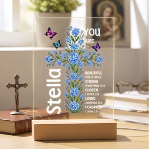 Personalised Cross Bible Verse Birth Flower You Are Loverd Acrylic LED Night Light with Wooden Base Birthday Baptism Gift for Christians Kids