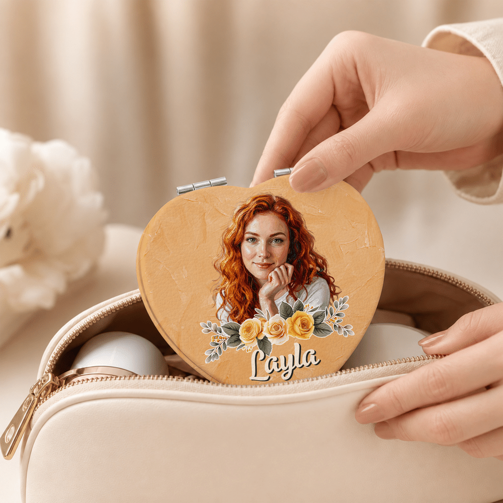 Personalized Oil Painting Style Photo PU Leather Heart Round Square Makeup Mirror with Name Birthday Anniversary Gift for Woman Wife Mother 3