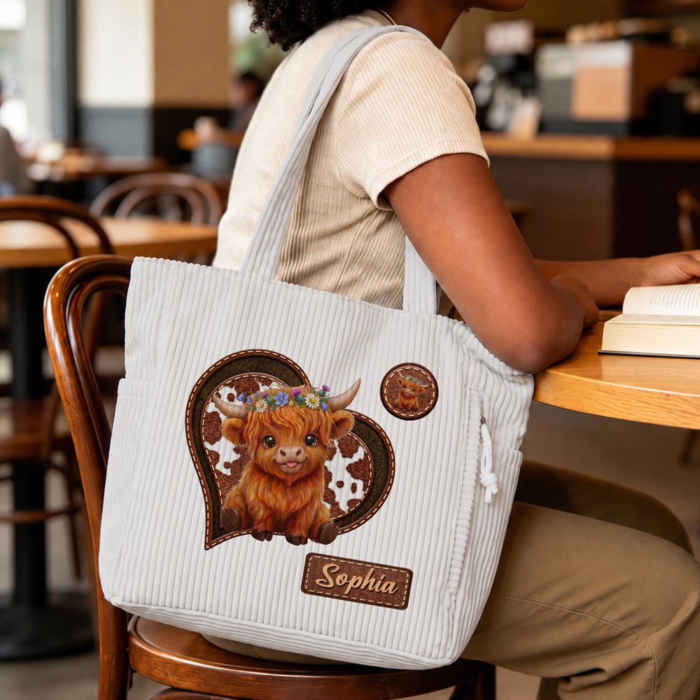 Personalized Highland Cow Large Capacity Corduroy Tote Bag with Name Daily Use Birthday Chirstmas Gift for Women 6