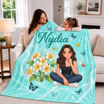 Personalized Birth Flower Butterfly 3D-Effect Artwork Cartoon Woman Character Photo Soft Throw Blanket with Name Christmas Gift for Book Lover