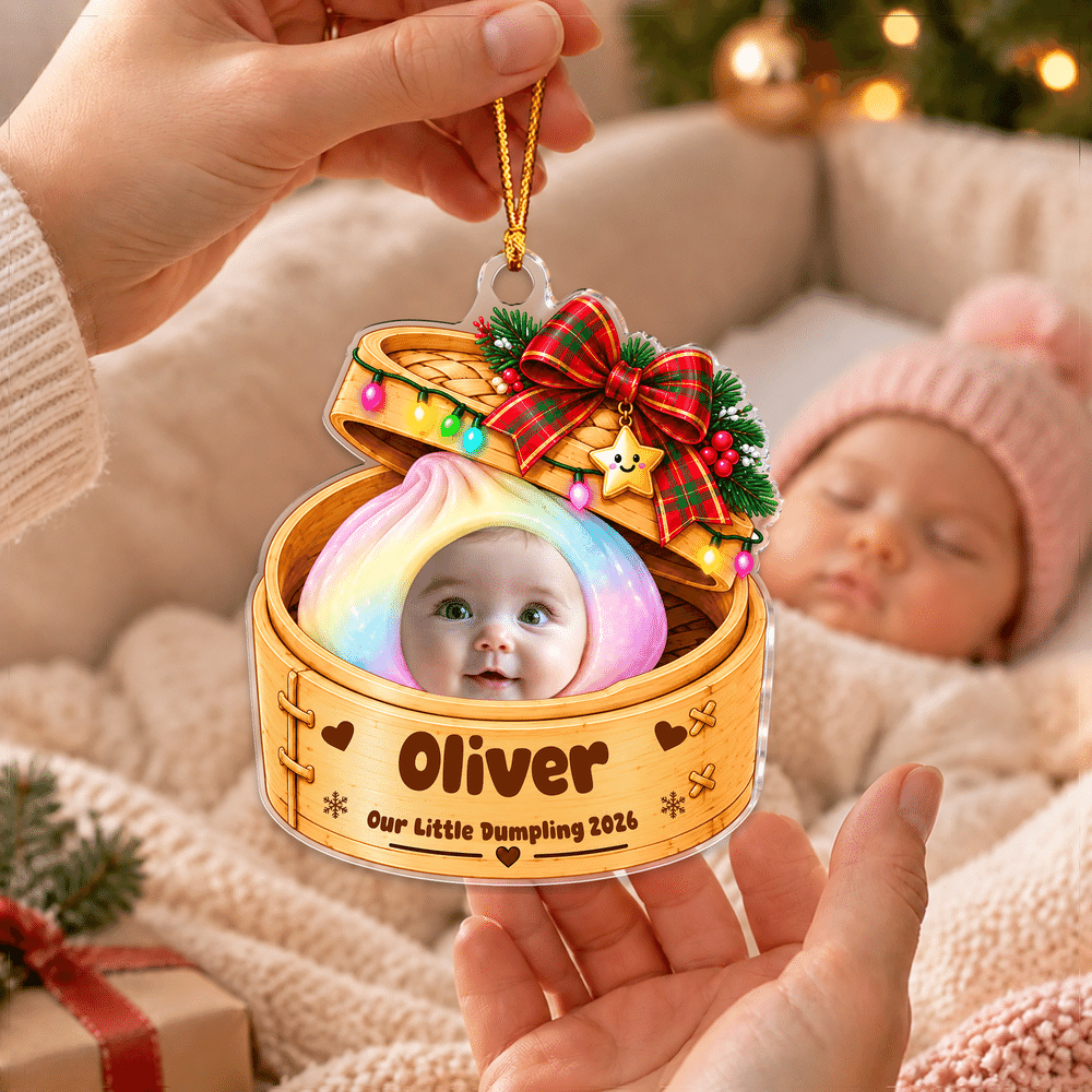 Decorazione natalizia personalizzata in acrilico a forma di gnocchetto al vapore con foto del bambino, nome e anno: decorazione per l'albero di Natale e regalo di Natale per neonati e genitori 4
