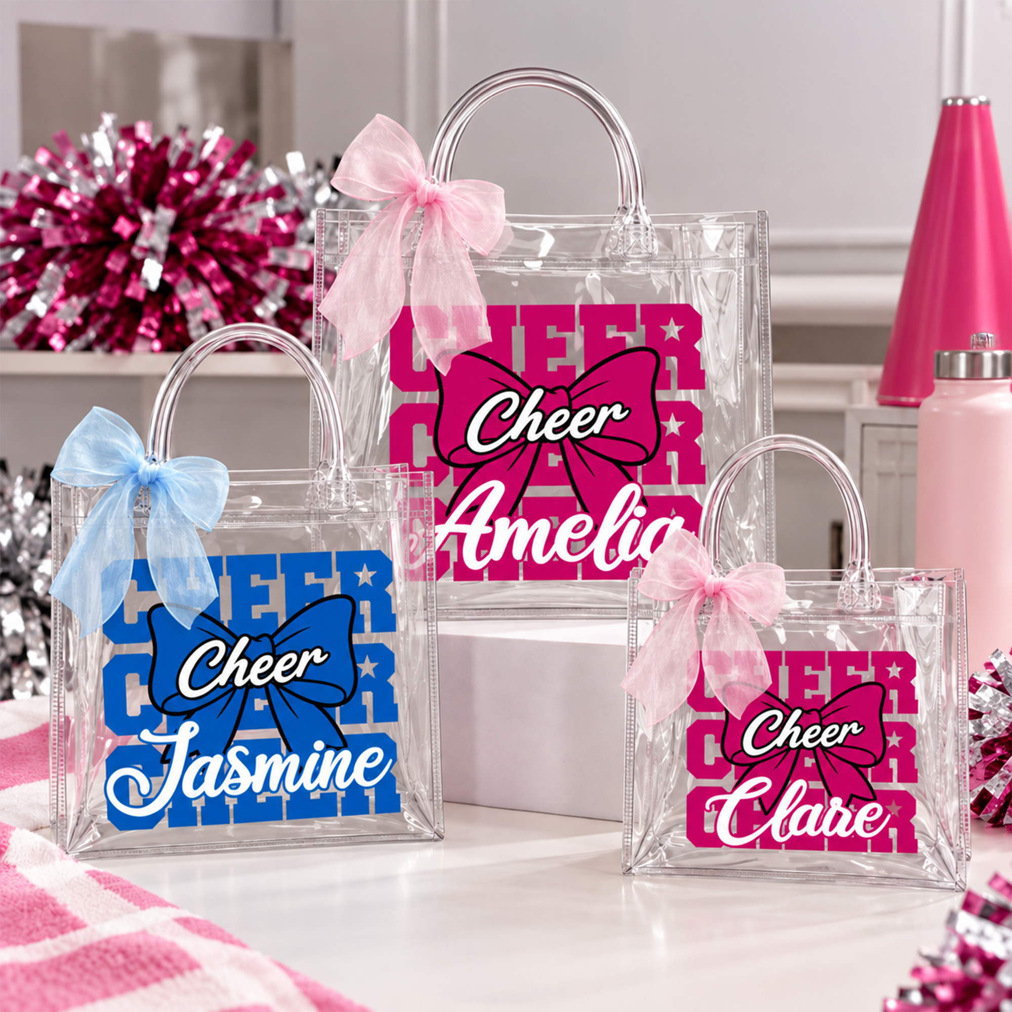 Personalisierte, durchsichtige Geschenktüte im Cheerleading-Design mit Schleife, Namen und Band – Cheerleading-Wettbewerb, Geburtstagsgeschenk für Cheerleaderinnen