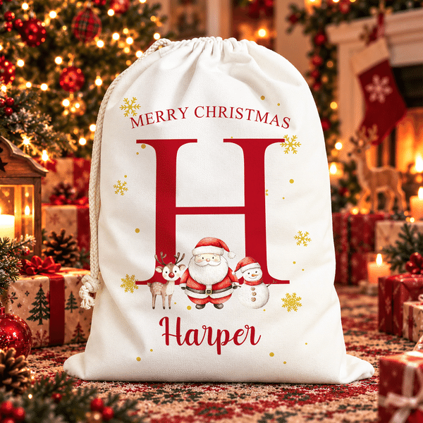 Personalized Cute Cartoon Santa Claus Reusable Canvas Drawstring Gift Bag with Name Merry Christmas Gift for Kids Family