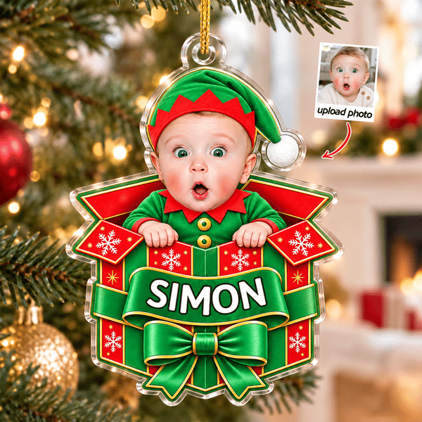 Personalised Christmas Snow Gift Stocking Toy Box Face Photo Acrylic Ornament with Name Home Decor Christmas Holiday Gift for Family Friends