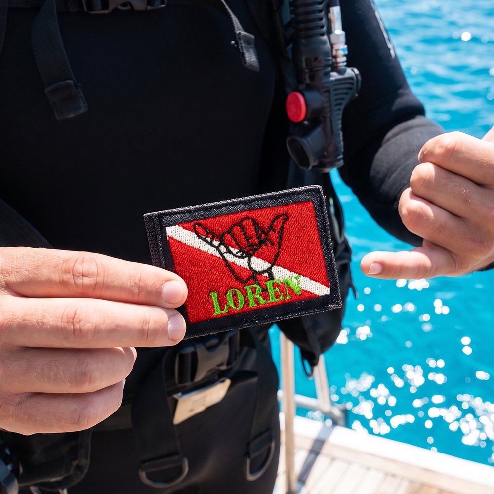Etiqueta personalizada para chaleco de buceo (BCD) con diseño bordado de la bandera de buceo «Hang Loose», con nombre, fecha de nacimiento, equipo o club; regalo ideal para buceadores y amantes del buceo 7
