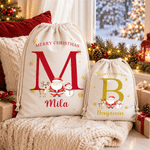 Personalized Cute Cartoon Santa Claus Reusable Canvas Drawstring Gift Bag with Name Merry Christmas Gift for Kids Family