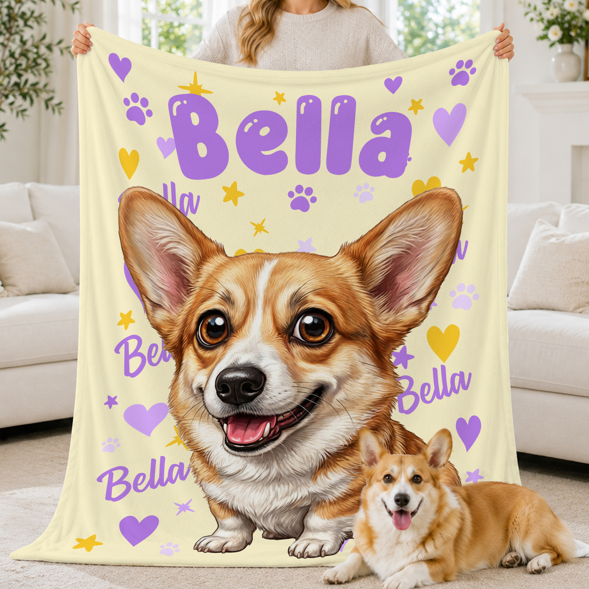 Personalized Cartoon Pet Photo Heart Paw Print Soft Throw Blanket with Name Home Decor Birthday Gift for Pet Owners Lovers