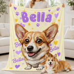 Personalised Cartoon Pet Photo Heart Paw Print Soft Throw Blanket with Name Home Decor Birthday Gift for Pet Owners Lovers