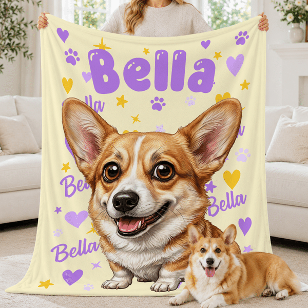 Personalised Cartoon Pet Photo Heart Paw Print Soft Throw Blanket with Name Home Decor Birthday Gift for Pet Owners Lovers