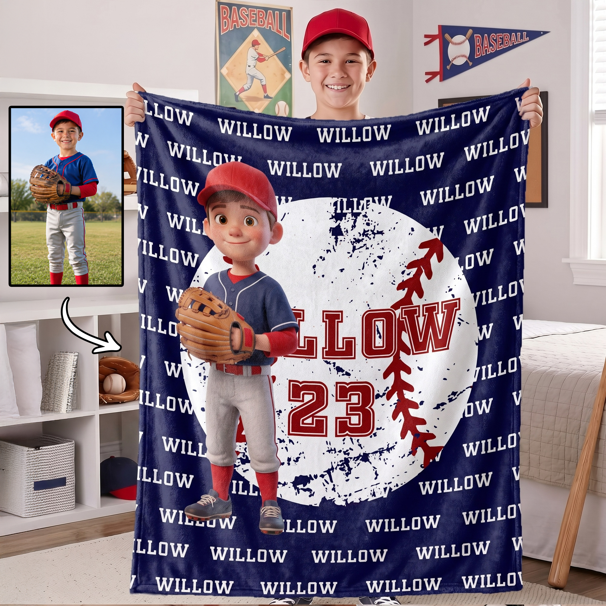 Personalized Ball Sports Theme 3D-Effect Artwork Cartoon Character Photo Soft Throw Blanket with Number and Name Christmas Gift for Sports Lovers