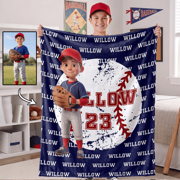 Personalised Ball Sports Theme 3D-Effect Artwork Cartoon Character Photo Soft Throw Blanket with Number and Name Christmas Gift for Sports Lovers