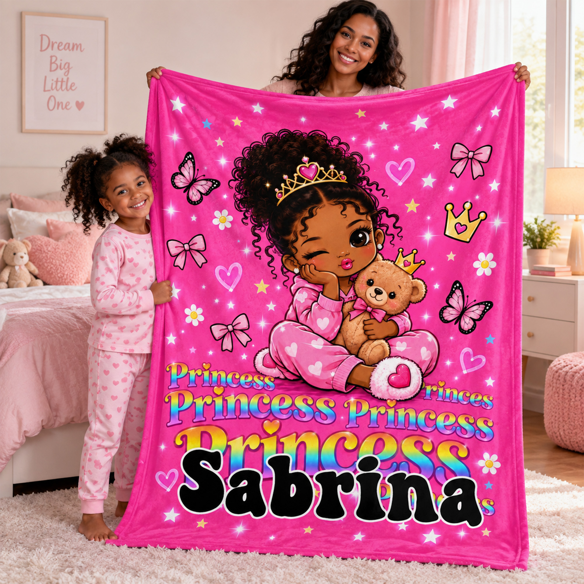 Personalisierte, niedliche, weiche Kuscheldecke mit Prinzessinnenkrone für schwarze Mädchen, mit Namen – Schlafzimmerdekoration und Geburtstagsgeschenk für schwarze Mädchen