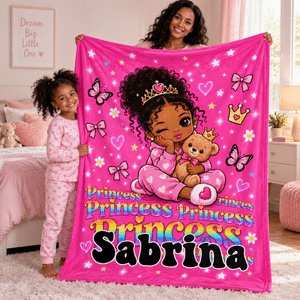 Personalized Cute Black Girl Princess Crown Soft Throw Blanket with Name Bedroom Decor Birthday Gift for Black Girls