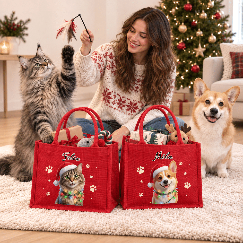Bolso de lino rojo de gran capacidad con diseño personalizado con efecto 3D y foto de una mascota adorable, con nombre. Regalo para fiestas navideñas para niños y amantes de las mascotas. 4