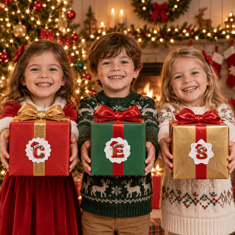 Personalized Santa Hat Initial Christmas 4 Shapes Stickers with Name and Year Gift Decor Christmas Gift for Kids Friends 7