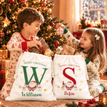 Personalized Cute Cartoon Santa Claus Reusable Canvas Drawstring Gift Bag with Name Merry Christmas Gift for Kids Family