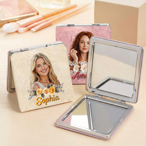 Personalized Oil Painting Style Photo PU Leather Heart Round Square Makeup Mirror with Name Birthday Anniversary Gift for Woman Wife Mother