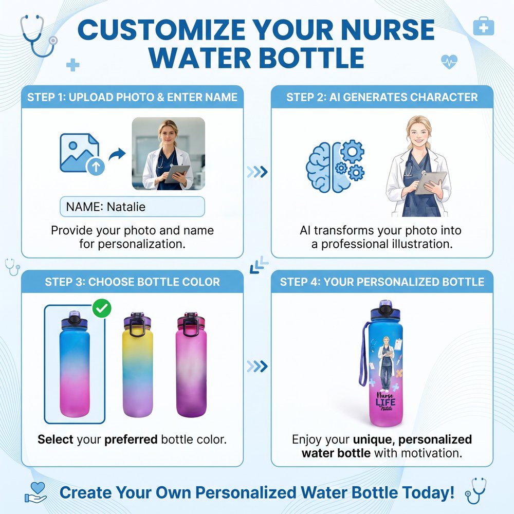 Personalized Nurse Life Photo Gradient BPA-Free 32 oz Water Bottle with Flip-Top Lid and Time Markers Birthday Appreciation Gift for Nurse 9