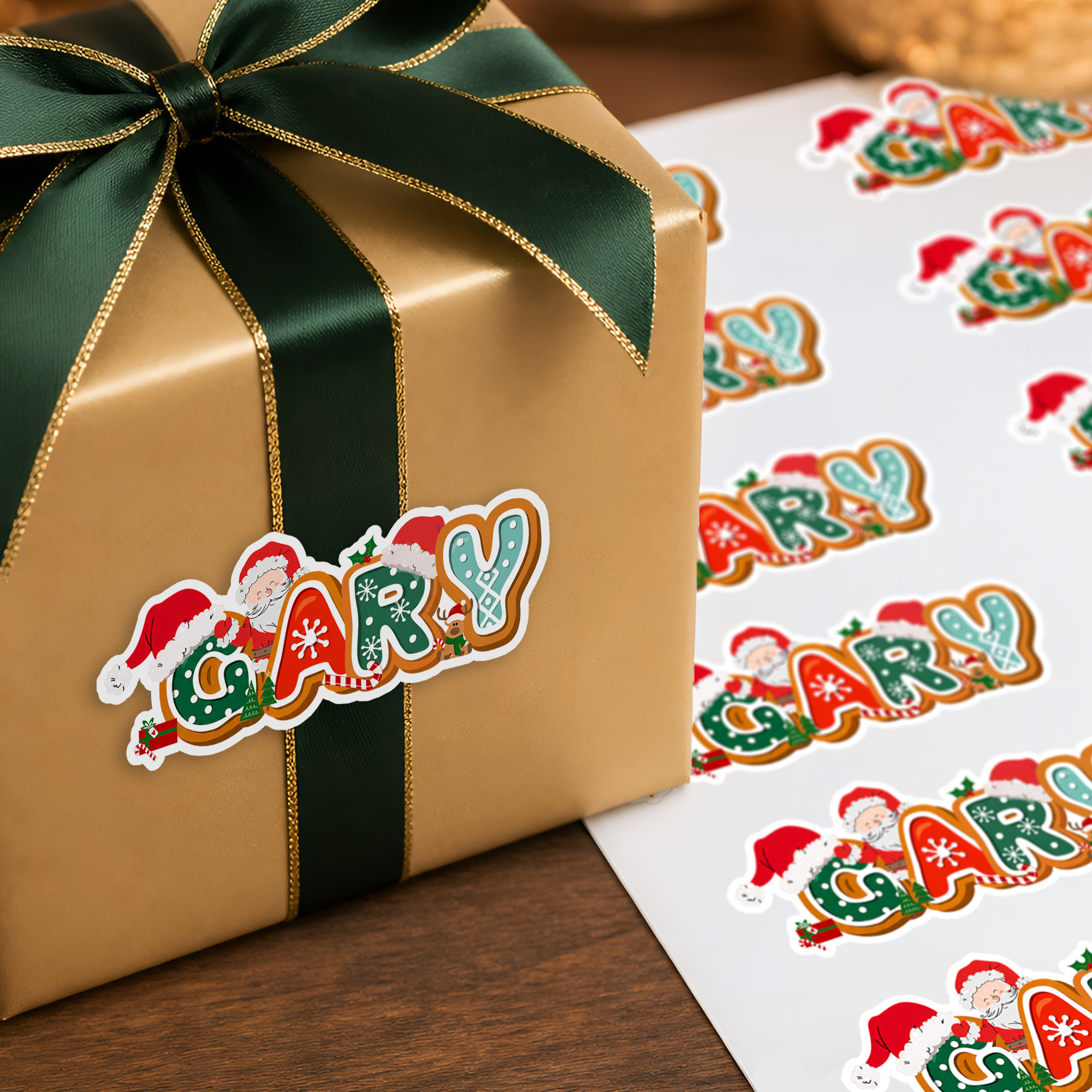 Personalisierter, wasserfester Aufkleber mit Weihnachtsmotiv und Weihnachtsmann-Motiv, mit Namen – Weihnachtsgeschenk für Kinder, Freunde und Familie