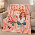 Personalized Birth Flower Butterfly 3D-Effect Artwork Cartoon Woman Character Photo Soft Throw Blanket with Name Christmas Gift for Book Lover