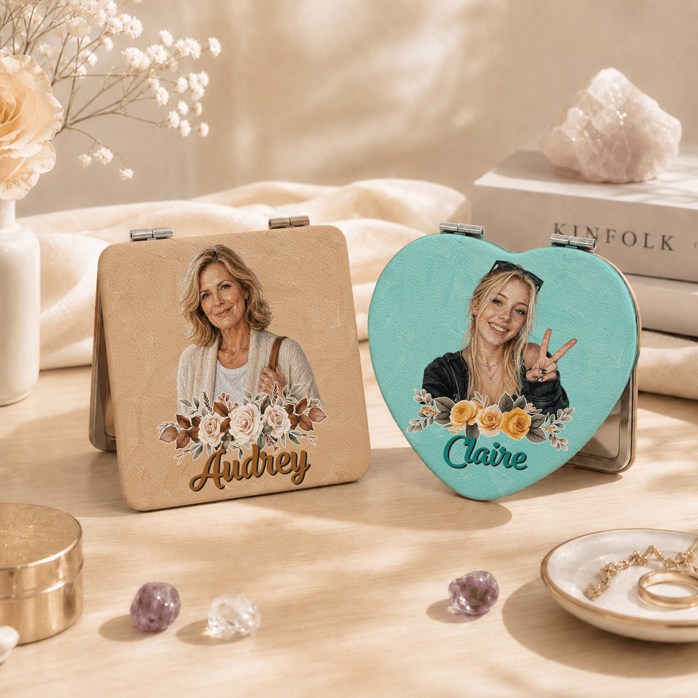 Personalized Oil Painting Style Photo PU Leather Heart Round Square Makeup Mirror with Name Birthday Anniversary Gift for Woman Wife Mother 5