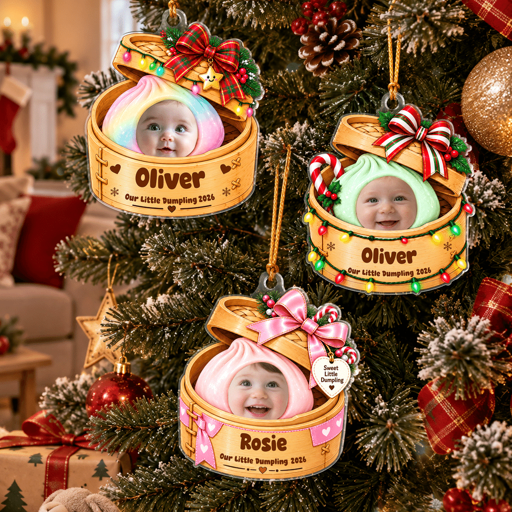 Decorazione natalizia personalizzata in acrilico a forma di gnocchetto al vapore con foto del bambino, nome e anno: decorazione per l'albero di Natale e regalo di Natale per neonati e genitori 5