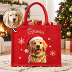 Bolso de lino rojo de gran capacidad con diseño personalizado con efecto 3D y foto de una mascota adorable, con nombre. Regalo para fiestas navideñas para niños y amantes de las mascotas. 1