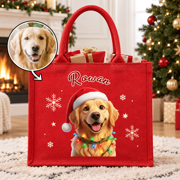 Bolso de lino rojo de gran capacidad con diseño personalizado con efecto 3D y foto de una mascota adorable, con nombre. Regalo para fiestas navideñas para niños y amantes de las mascotas.