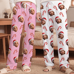 Personalized Candy Cane Santa Hat Cartoon Face Photo Soft Pajama Pants with Elastic Waistband Christmas Gift for Kids Family Friends
