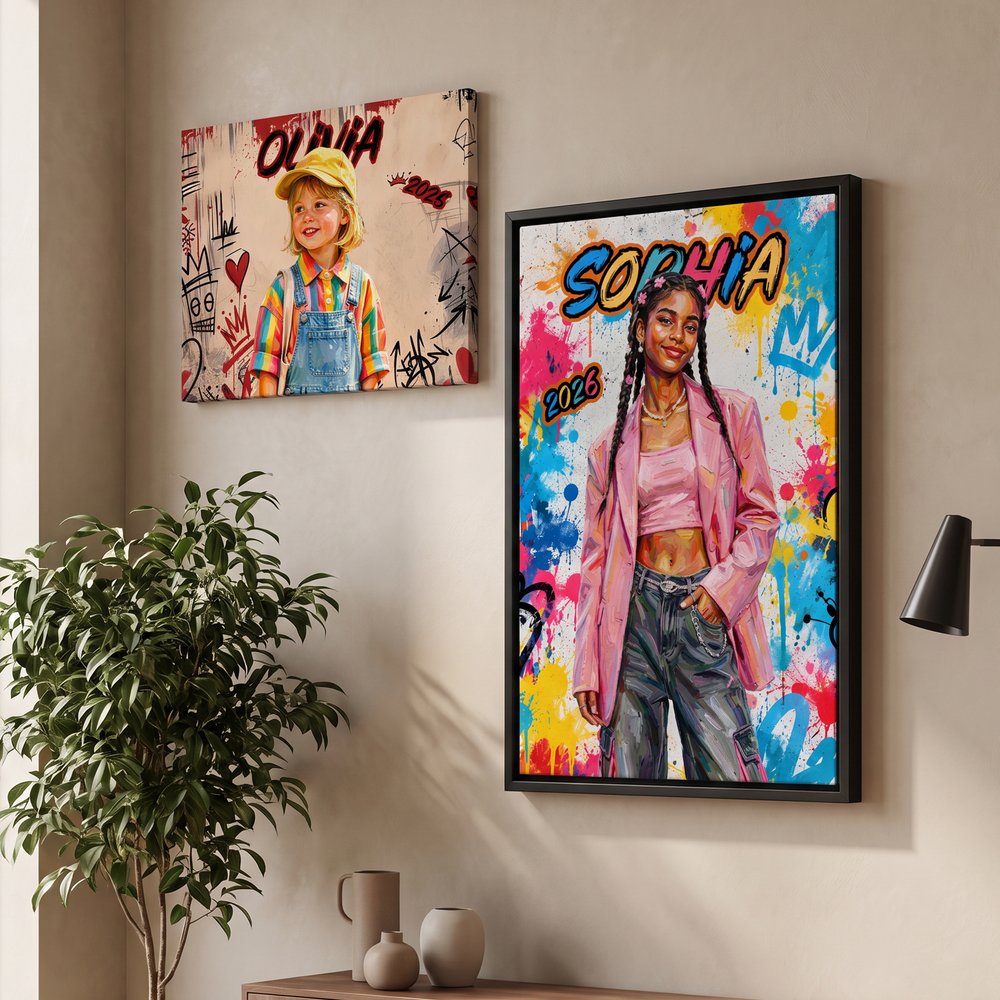 Gepersonaliseerde, trendy fotodoeken in olieverfstijl met graffiti-motief, voorzien van naam en jaartal – woondecoratie en verjaardagscadeau voor graffitiliefhebbers 6