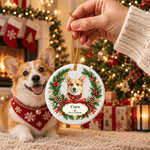 Personalised Watercolor Pet Portrait Christmas Wreath Ceramic Ornament with Name and Photo Home Decor Gift for Pet Lovers Family