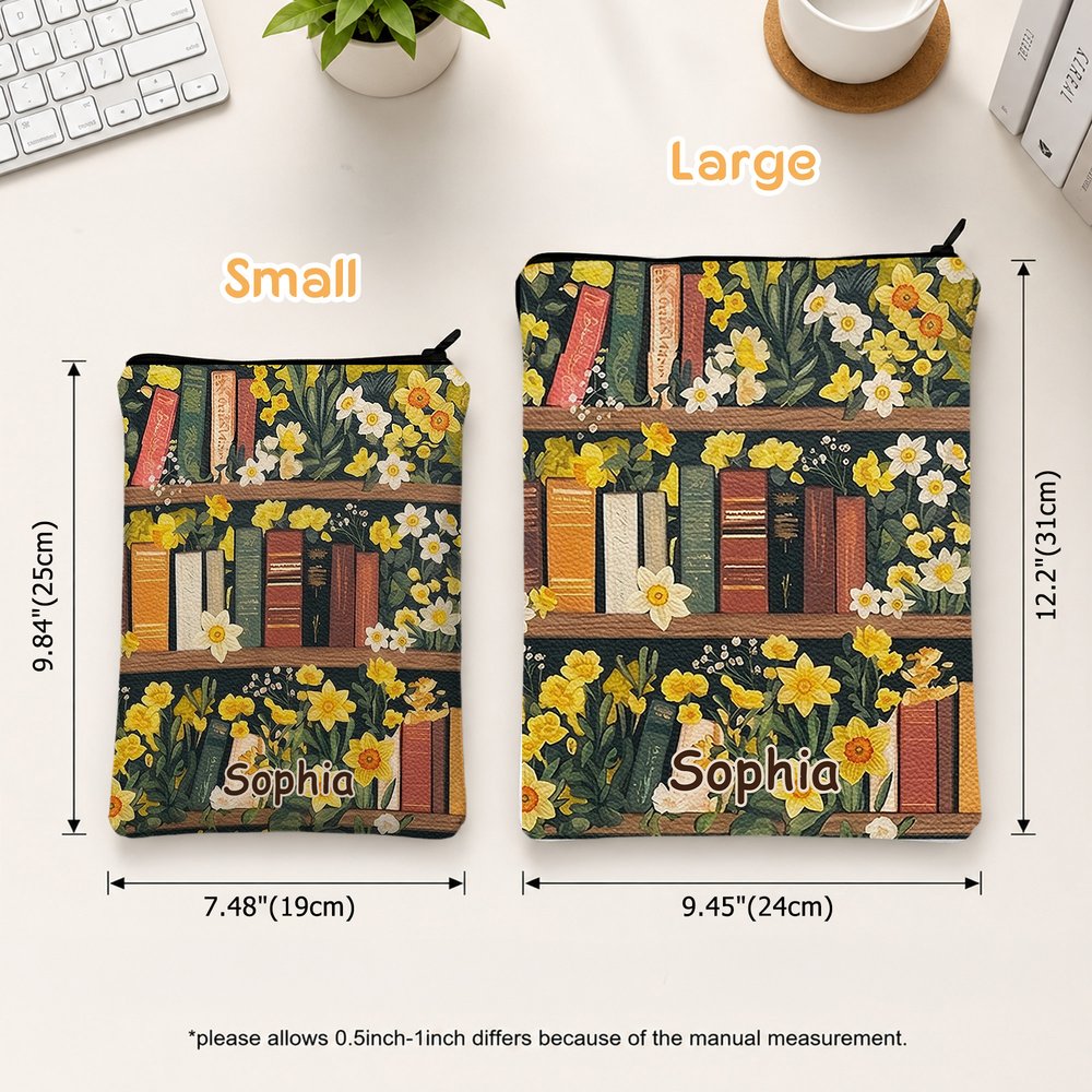 Personalised Vintage Birth Flower Floral Bookshelf Design Zipper Book Sleeve with Name Birthday Club Gift for Readers Bookworms 9