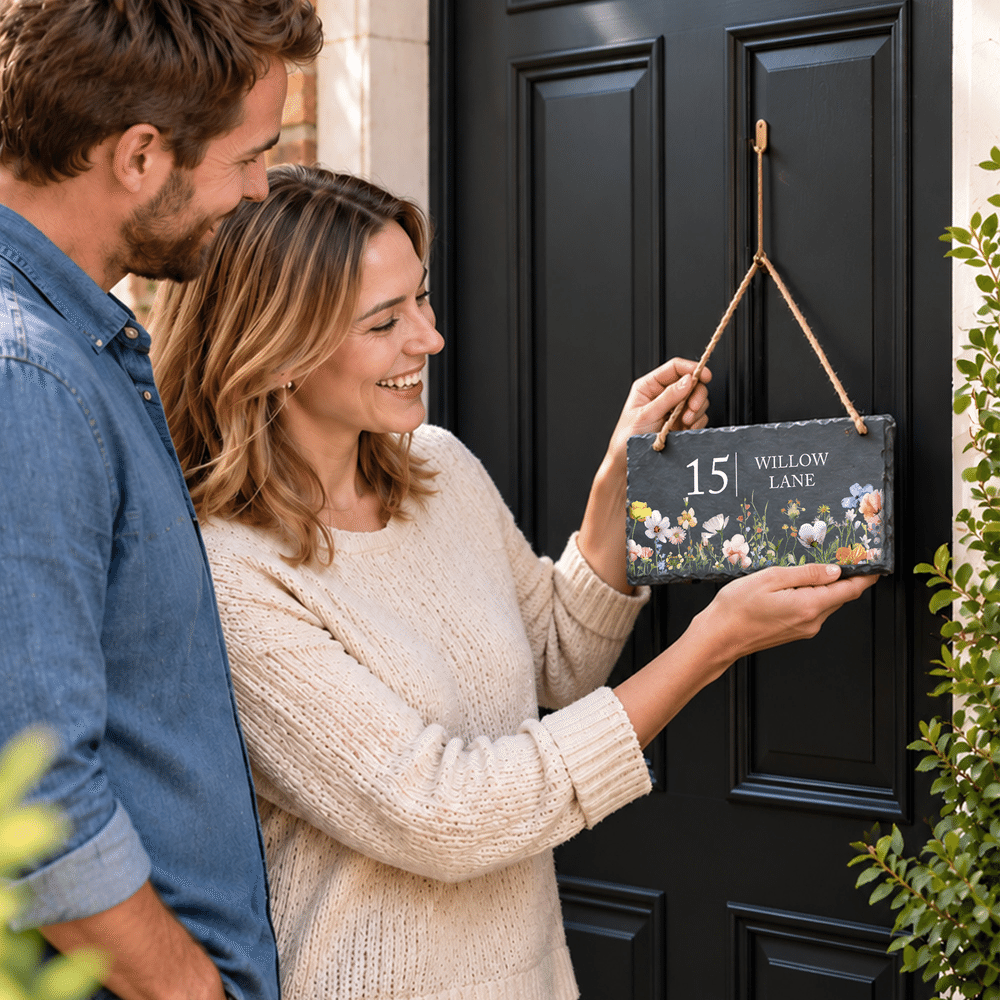 Cartello da giardino personalizzato in pietra naturale con motivi floreali ad acquerello, numero civico e indirizzo: decorazione per la casa, regalo per l'inaugurazione della nuova casa o per le festività, ideale per gli amanti del giardinaggio 3