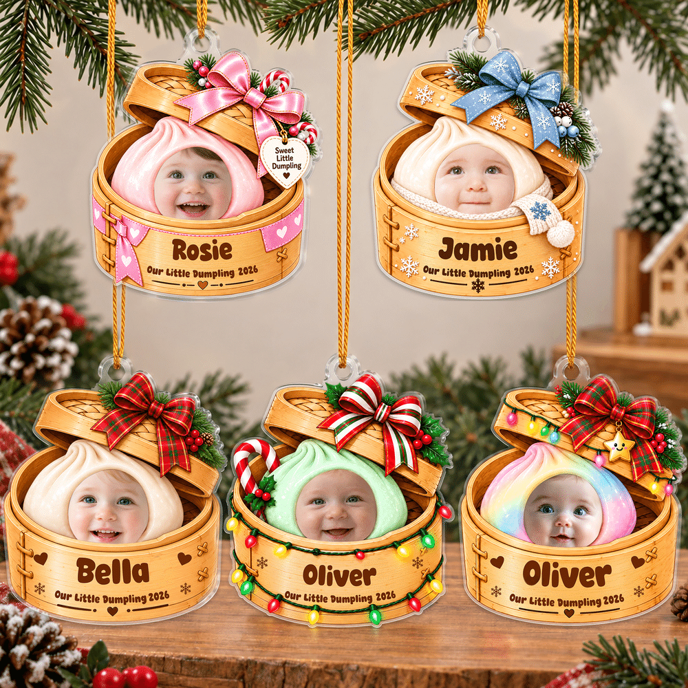 Decorazione natalizia personalizzata in acrilico a forma di gnocchetto al vapore con foto del bambino, nome e anno: decorazione per l'albero di Natale e regalo di Natale per neonati e genitori 2