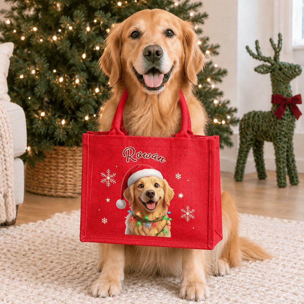 Bolso de lino rojo de gran capacidad con diseño personalizado con efecto 3D y foto de una mascota adorable, con nombre. Regalo para fiestas navideñas para niños y amantes de las mascotas. 2