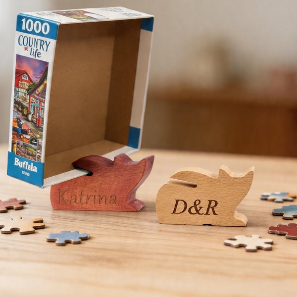 Personalized Cute Cat Dog Animal Shape Wooden Jigsaw Puzzle Box Lid Holder with Engraved Text Jigsaw Puzzles Tool Game Night Gift for Puzzle Lovers