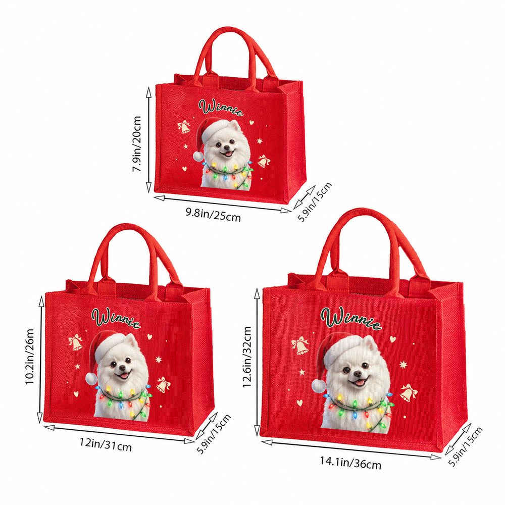 Bolso de lino rojo de gran capacidad con diseño personalizado con efecto 3D y foto de una mascota adorable, con nombre. Regalo para fiestas navideñas para niños y amantes de las mascotas. 7