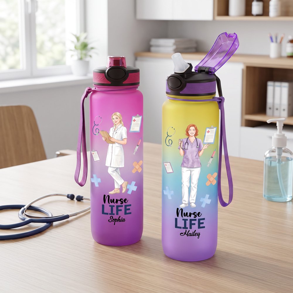 Personalized Nurse Life Photo Gradient BPA-Free 32 oz Water Bottle with Flip-Top Lid and Time Markers Birthday Appreciation Gift for Nurse 5