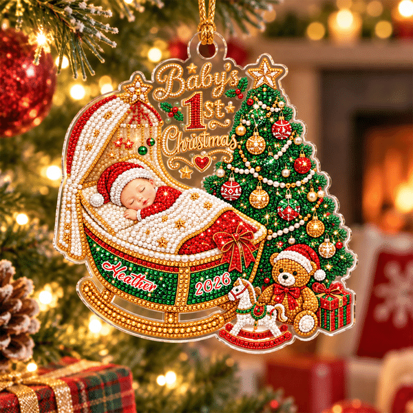 Adorno acrílico personalizado con efecto 3D «La primera Navidad del bebé», con diseño brillante tipo «Diamond Art», con nombre y año. Regalo de Navidad para recién nacidos y bebés
