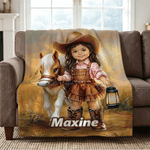 Manta suave personalizada con foto de vaquero o vaquera del Oeste y un poni, con nombre, para decoración del hogar y regalo de cumpleaños para niños y niñas