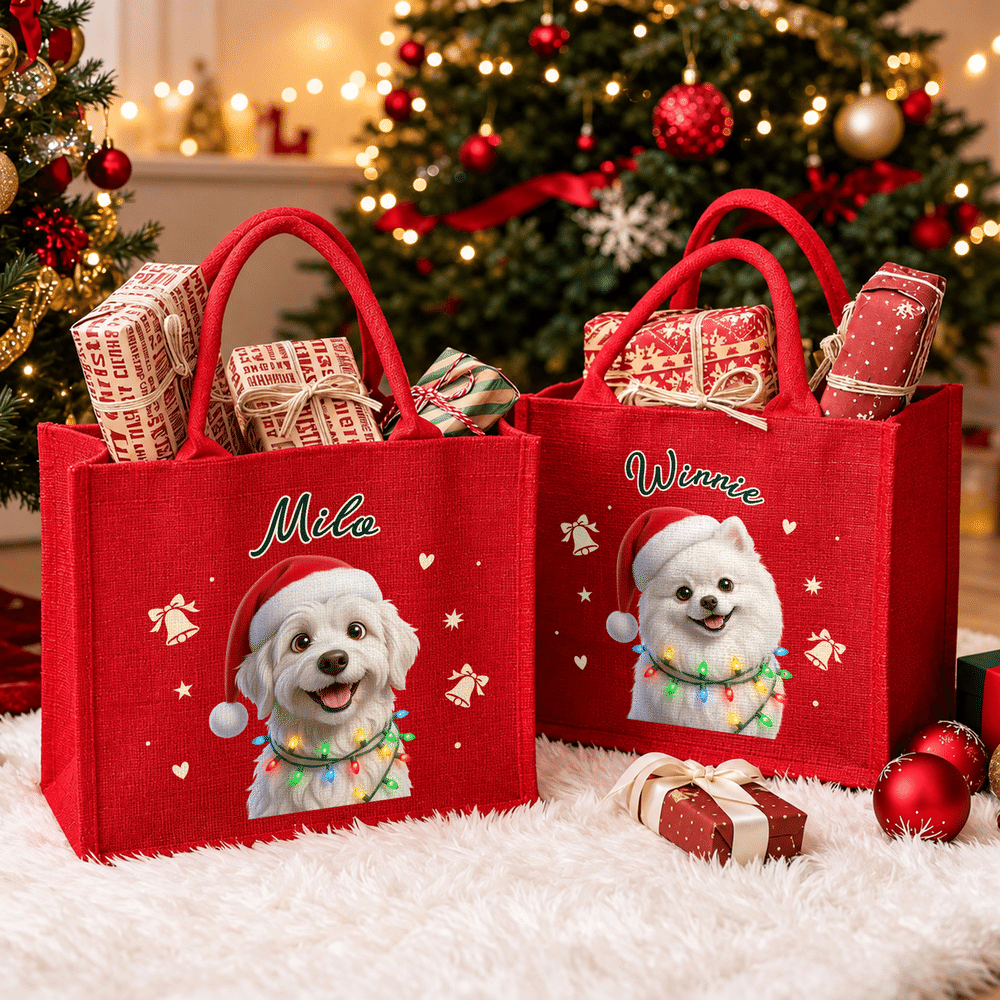 Bolso de lino rojo de gran capacidad con diseño personalizado con efecto 3D y foto de una mascota adorable, con nombre. Regalo para fiestas navideñas para niños y amantes de las mascotas. 5