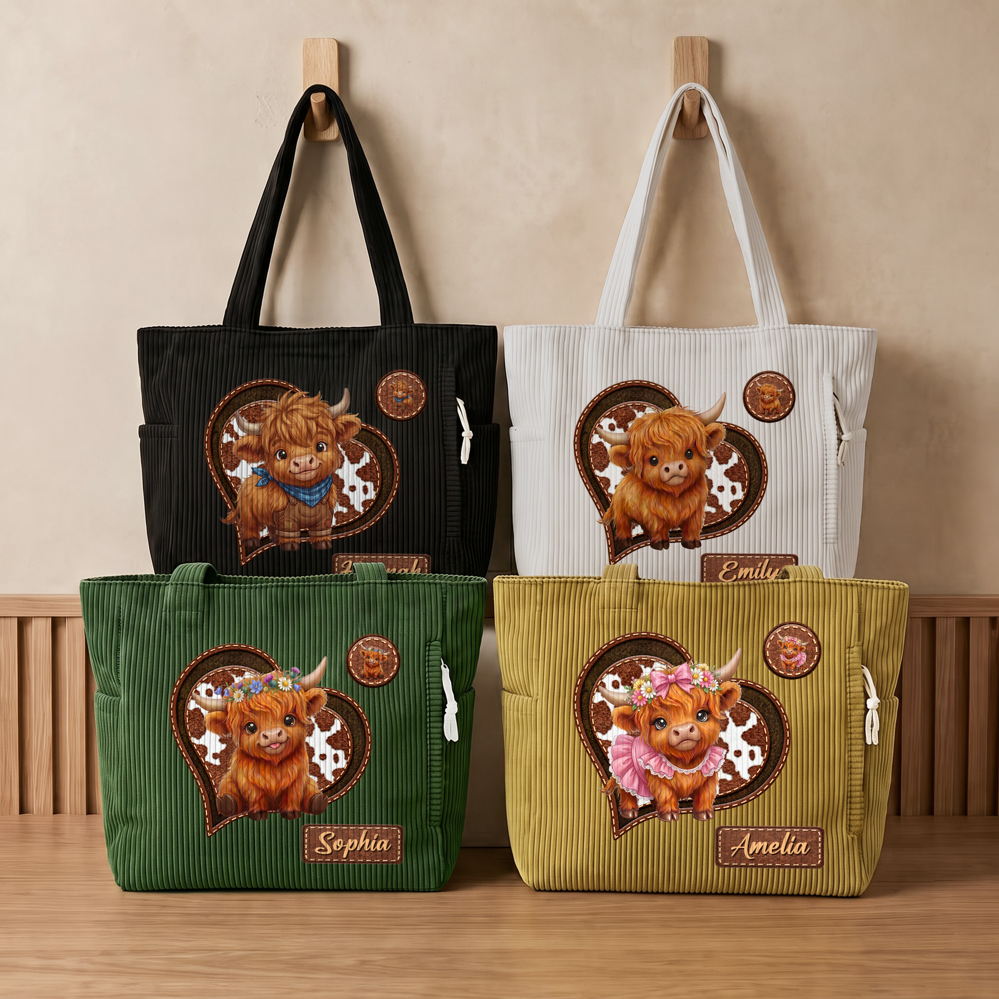 Personalisierter Hochlandrind Cord Shopper | mit Namen | Schultertasche für den Alltag | Geburtstag Geschenk für Frauen