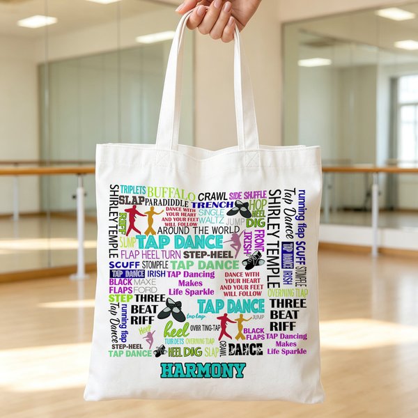 Personalized Colorful Print Tap Dance Word Cloud Large Capacity Canvas Tote Bag with Name Birthday Recital Gift for Tap Dancers Teachers