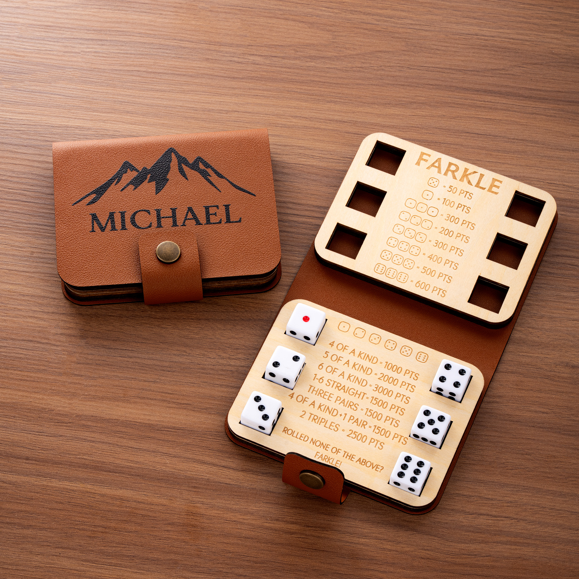 Personalisiertes, faltbares Farkle-Würfelspiel-Set aus PU-Leder mit Namensaufdruck – Reisespiel, Spielabend, Weihnachts- und Geburtstagsgeschenk für Familie, Freunde und Farkle-Fans