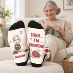 Personalized Cartoon Character Crochet Theme Soft Socks with Name Daily Wear Birthday Gift for Woman Mom Friend