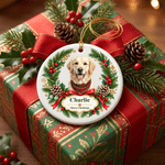 Personalised Watercolor Pet Portrait Christmas Wreath Ceramic Ornament with Name and Photo Home Decor Gift for Pet Lovers Family