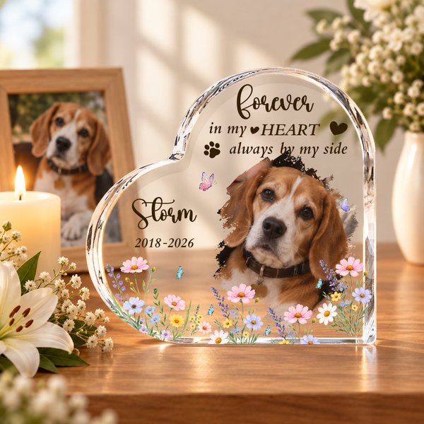 Personalized Forever In My Heart Pet Photo Heart Shaped Floral Acrylic Plaque with Name Memorial Sympathy Gift for Dog Cat Lovers