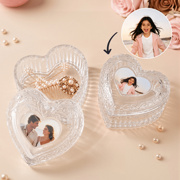 Personalized Heart Embossed Glass Jewellery Box with Photo Wedding Anniversary Gift for Her Girlfriend Wife
