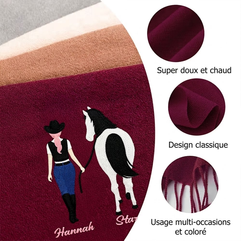 Écharpe ou châle doux et chaud personnalisée avec noms et motifs brodés de cavalier et cheval - Cadeau d'hiver pour les amateurs d'équitation 9