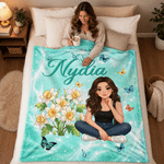 Personalized Birth Flower Butterfly 3D-Effect Artwork Cartoon Woman Character Photo Soft Throw Blanket with Name Christmas Gift for Book Lover